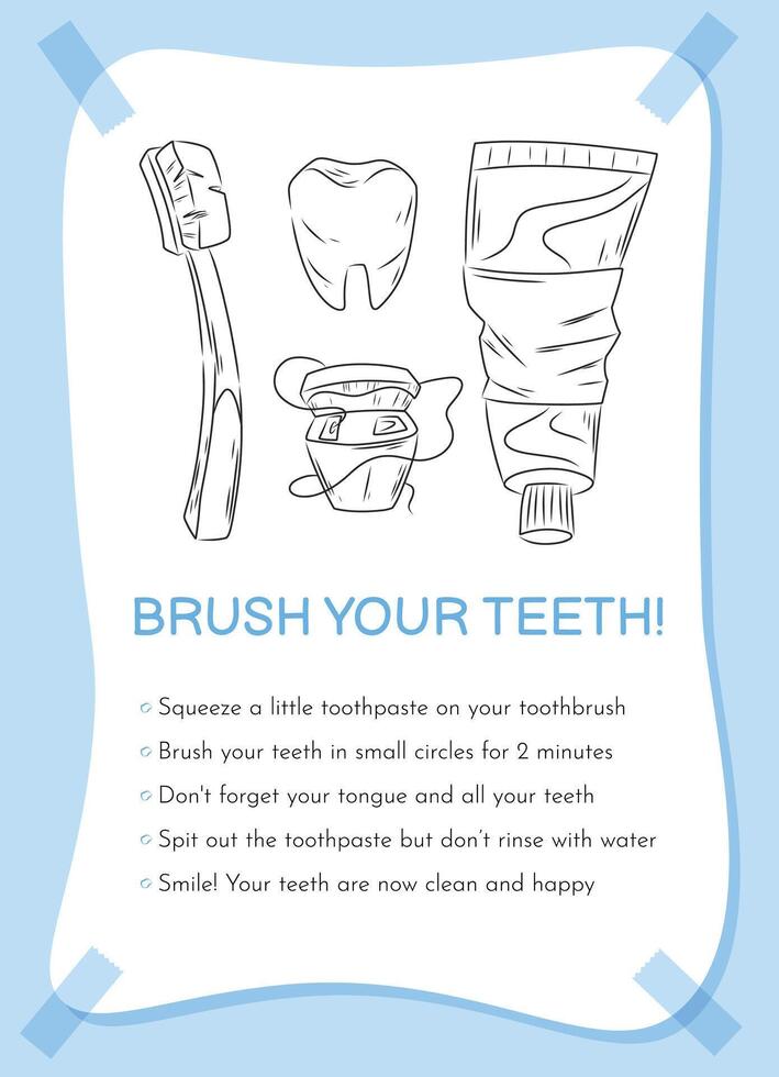 Educational poster for kids about brushing teeth with simple line illustrations of a toothbrush and toothpaste. Oral hygiene instructions in English for healthy dental care. vector