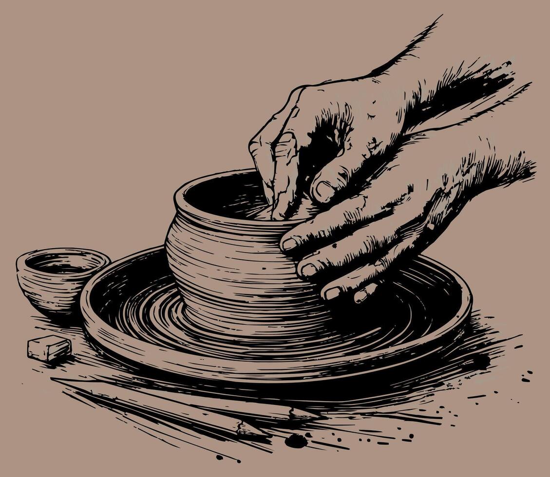 hand drawing of a potter's hand making a pot on a potter's wheel vector