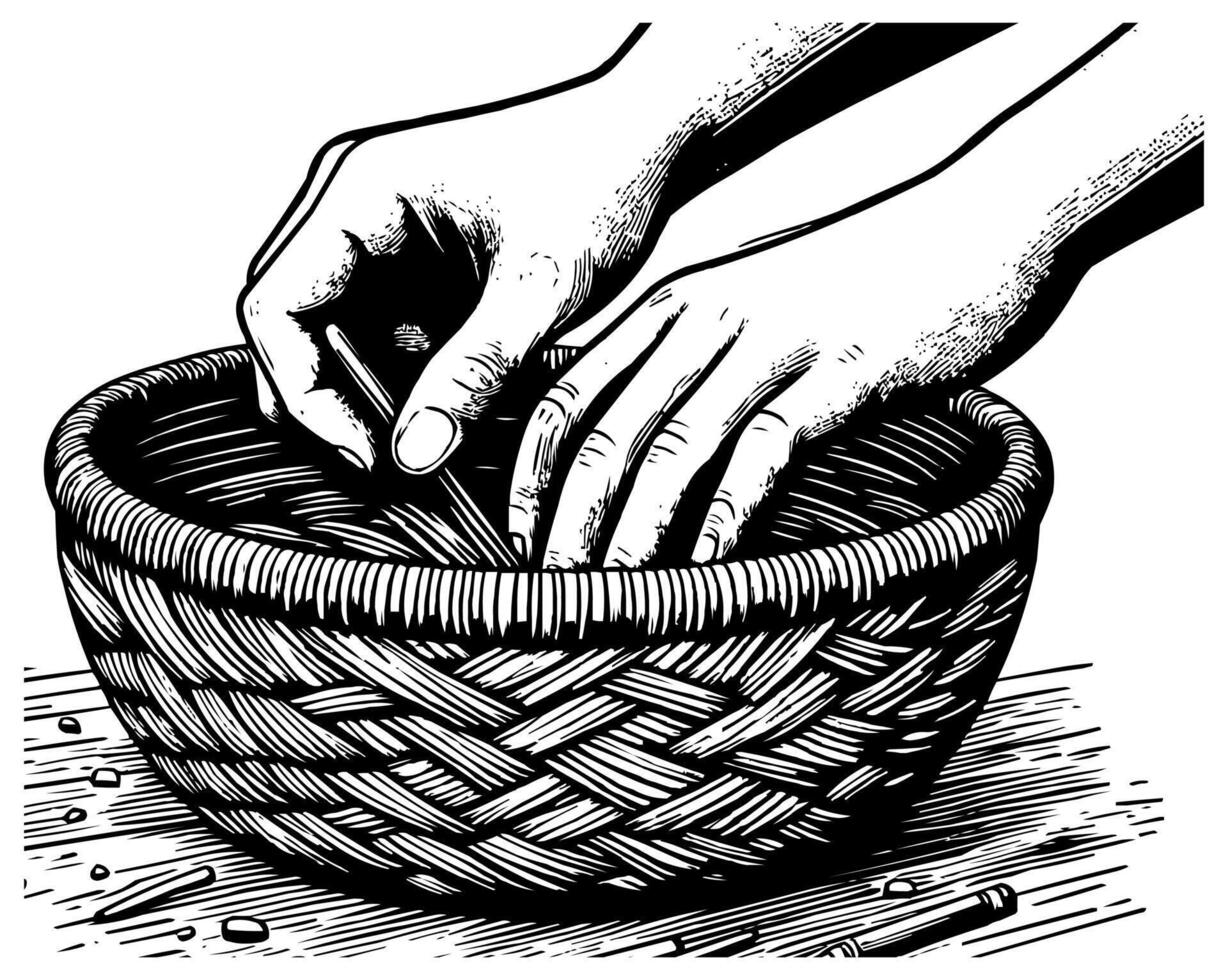 a black and white drawing of a person making a basket vector