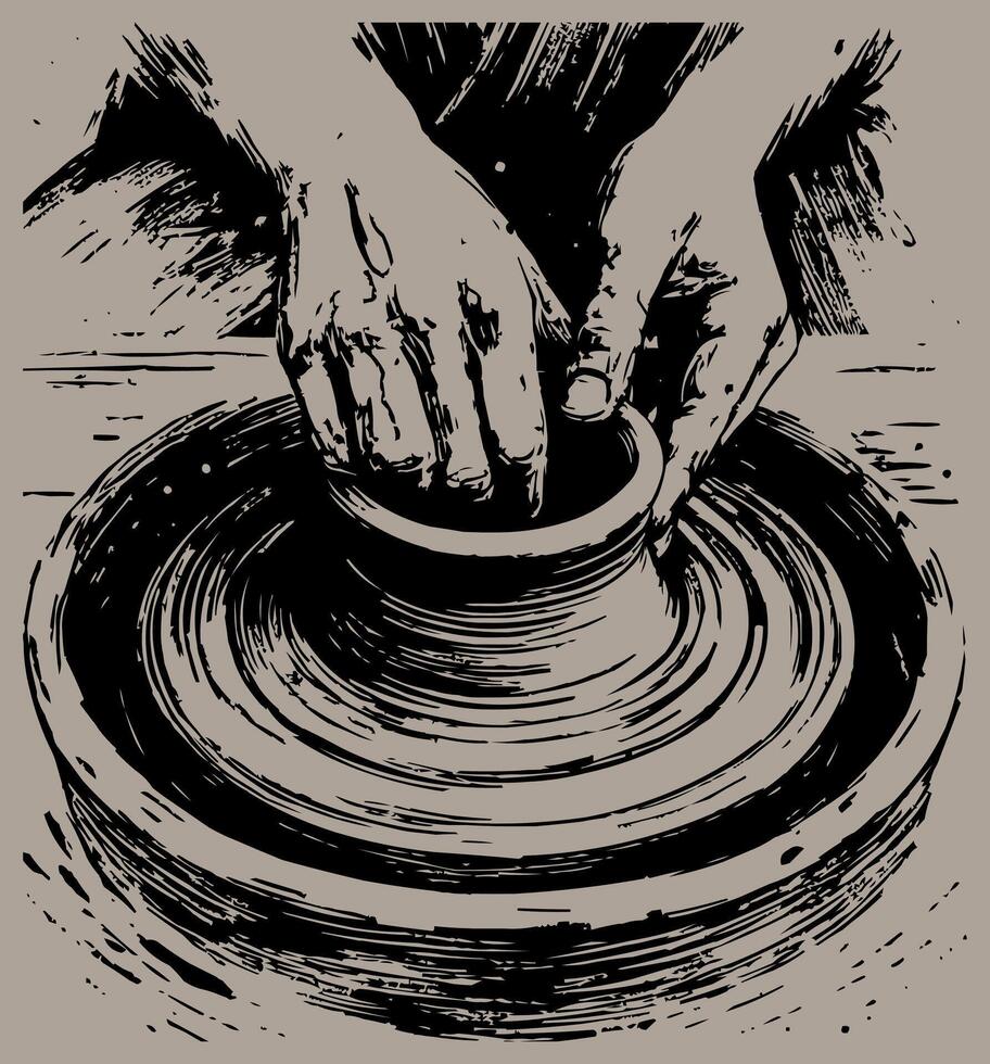 a black and white drawing of a potter's hands on a potter's wheel vector