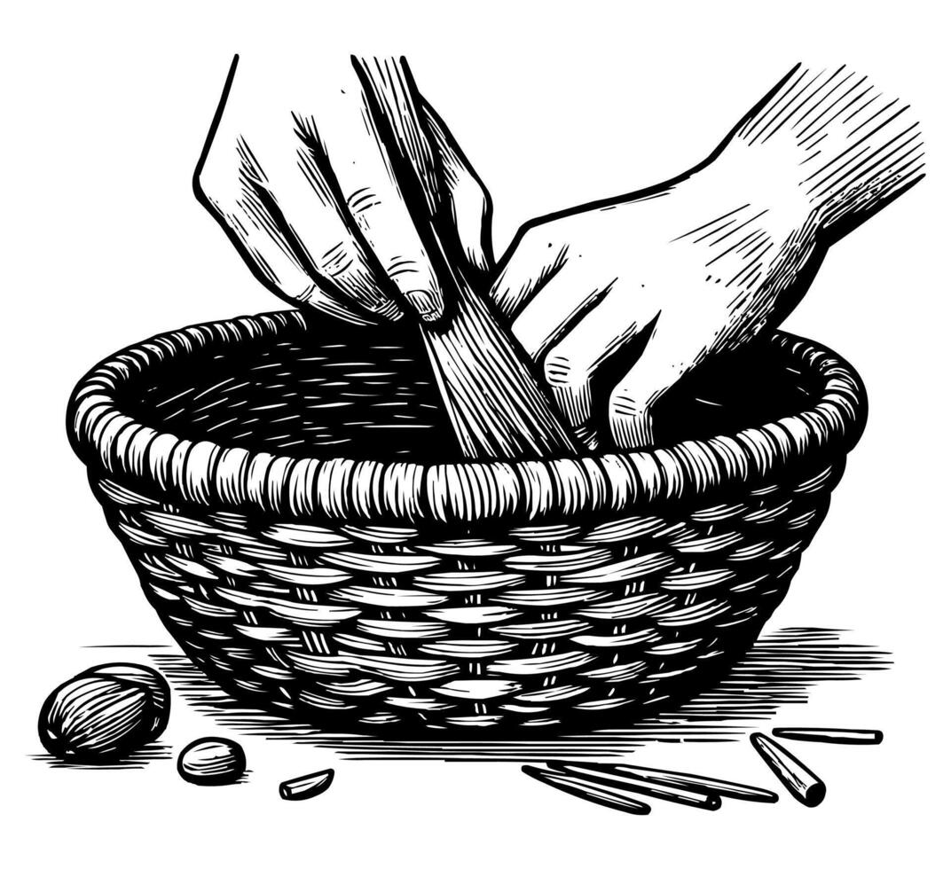 Black and White Drawing of a pair of hands Weaving a Basket Illustration vector