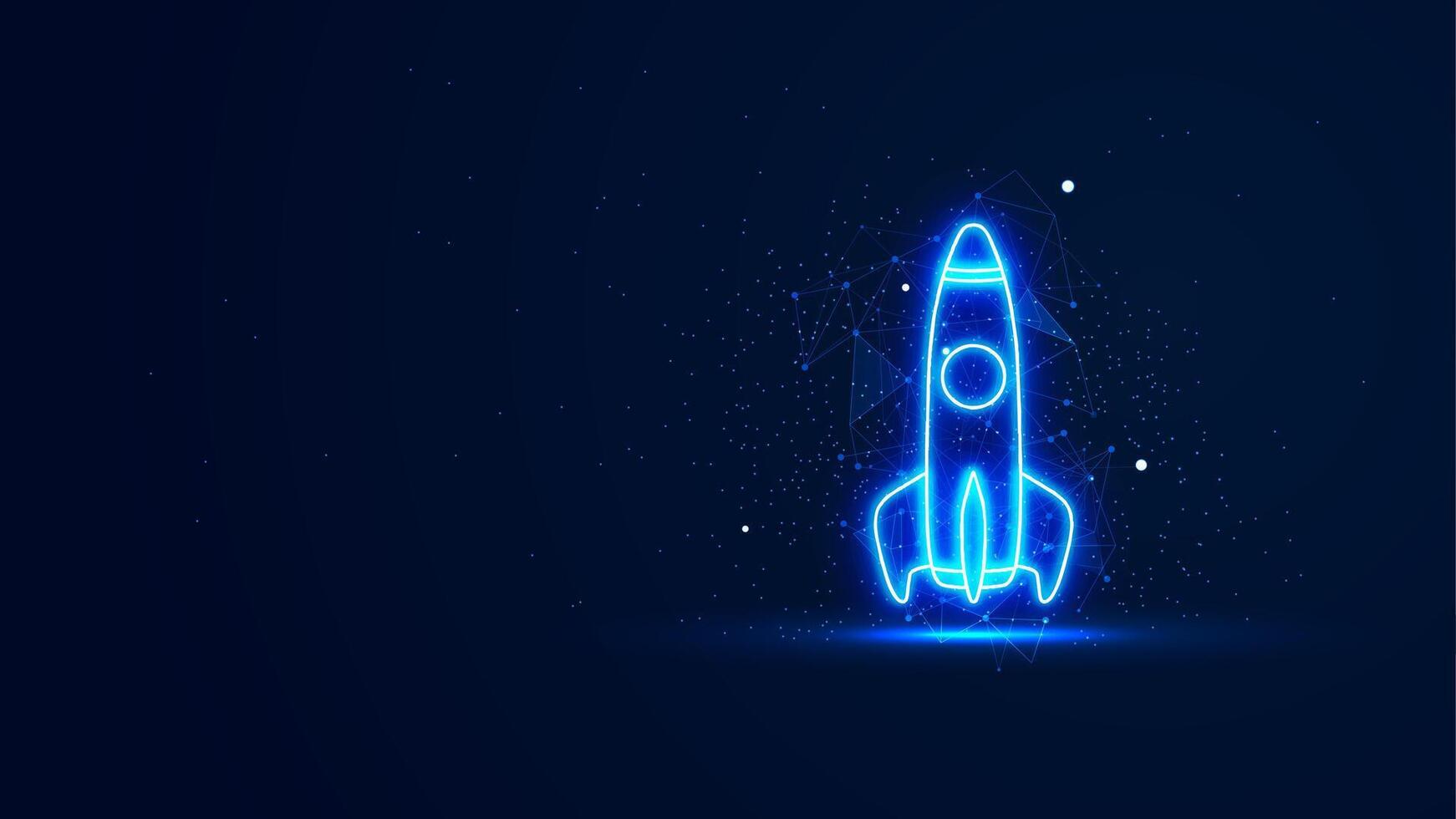 Futuristic glowing rocket with plexus lines and glitter particles. A Startup business launch concept in the neon light style. 3D abstract copy space in the night view. Digital technology background vector