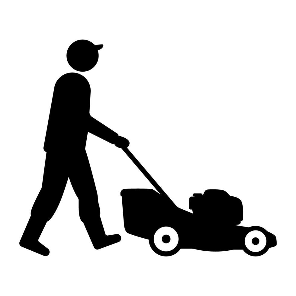 Gardener using a Lawn mower icon symbol. illustration vector