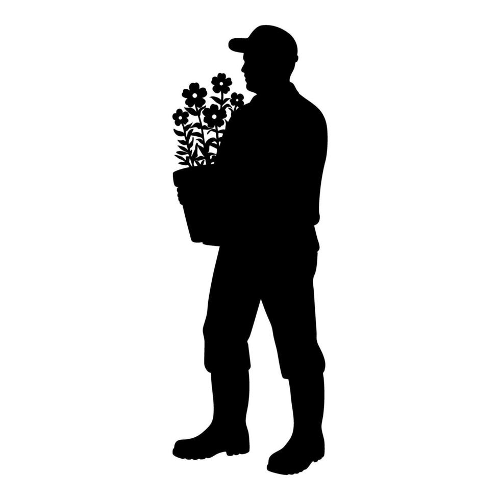 Silhouette of a gardener carrying a pot with flowers illustration vector