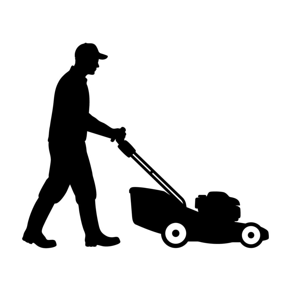 Silhouette of a gardener using a Lawn mower. illustration vector