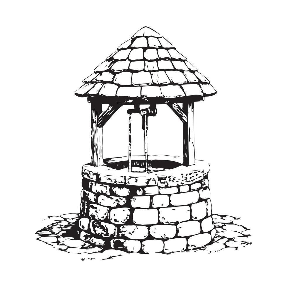 Ancient water well Black and White Stock image on white background. vector