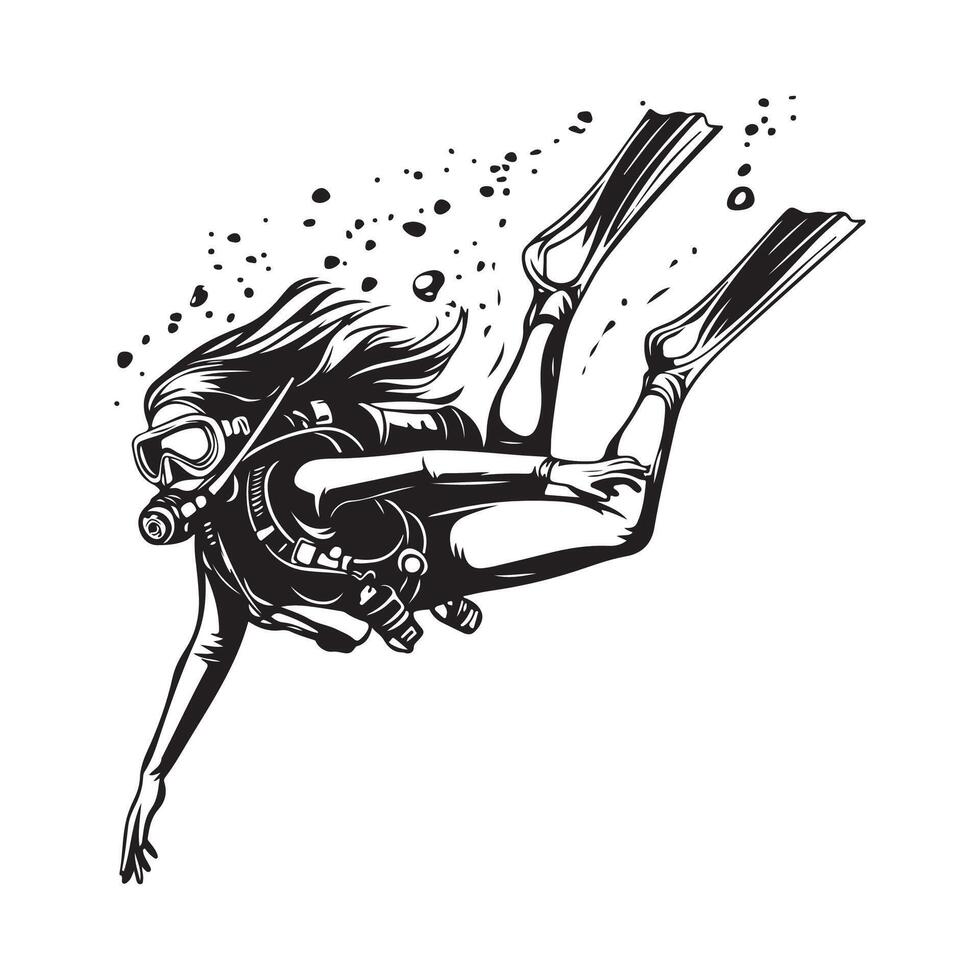 Swimming girl snorkel diver Image isolated on white background. vector