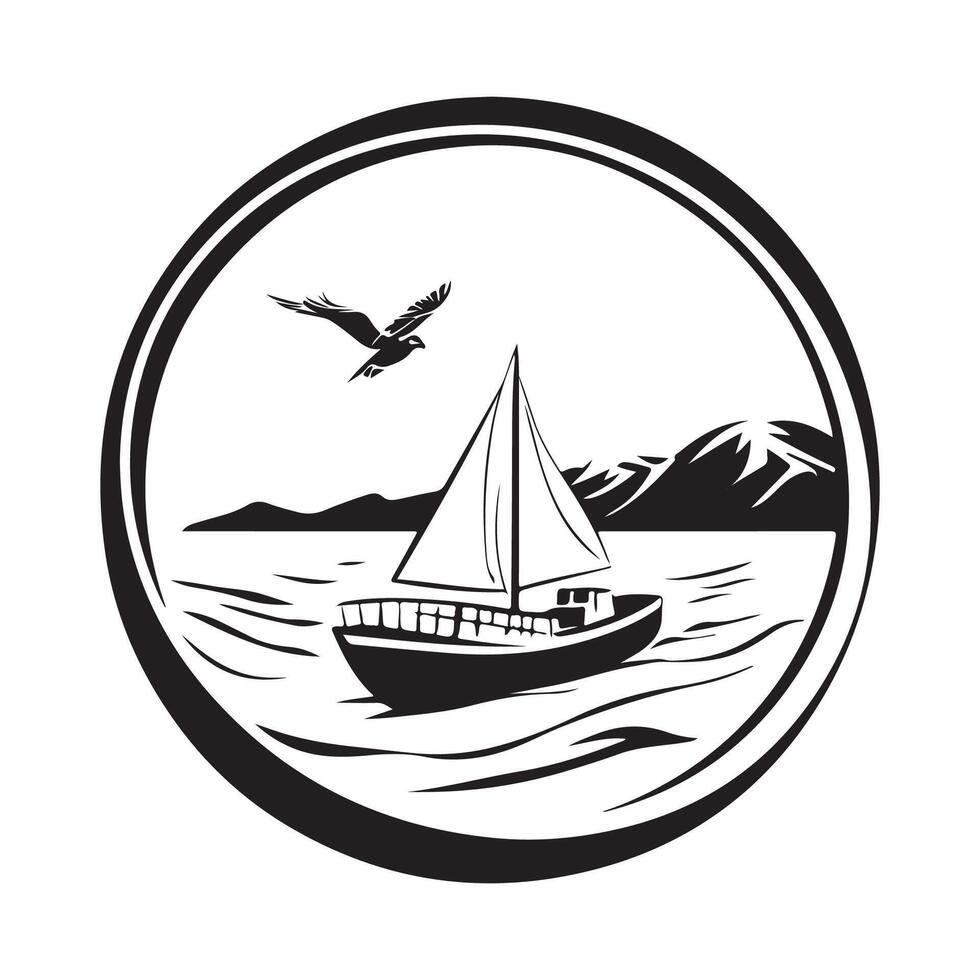Black and White Sail boat logo in circle shape illustration design Stock Image on white background vector