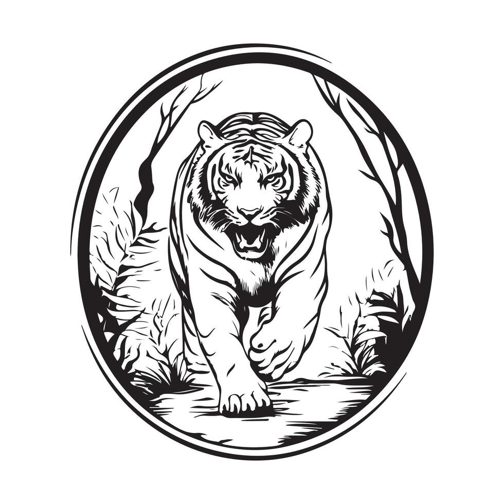 Logo Design of a Tiger Stalking Its Prey in the Forest within a Circle isolated on white background. vector