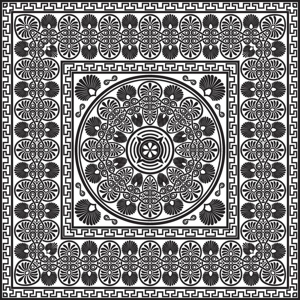 black monochrome classic Greek square ornament. Rectangle of Ancient Greece and Roman Empire. Byzantine painting of walls, floors and ceilings. Decoration of European palace vector