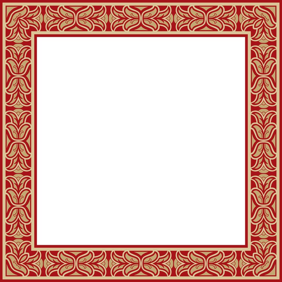 square European gold with red ornament. Rectangular pattern, circle, ring of the Middle Ages. Revival border. Decoration of palaces and churches. vector