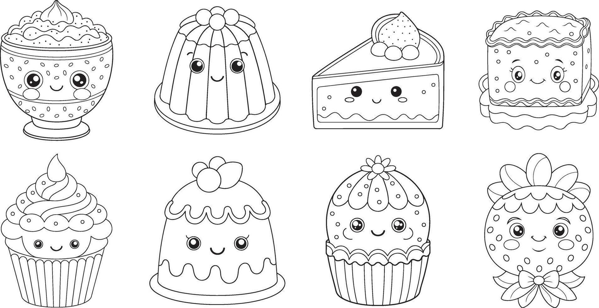 A cheerful collection of cupcakes, cakes, and jellies with big happy eyes, perfect for coloring pages, showcasing simple line art and charming characters. vector