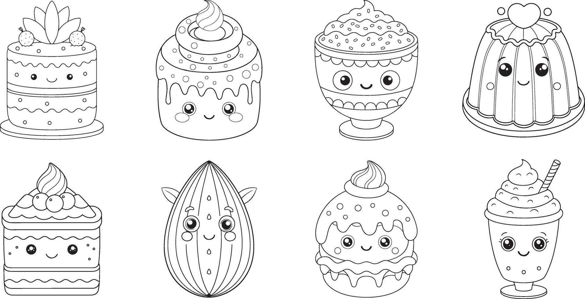 Adorable kawaii desserts Collection of cakes, pudding, and an almond, ready for your coloring creativity in a delightful line art style. vector