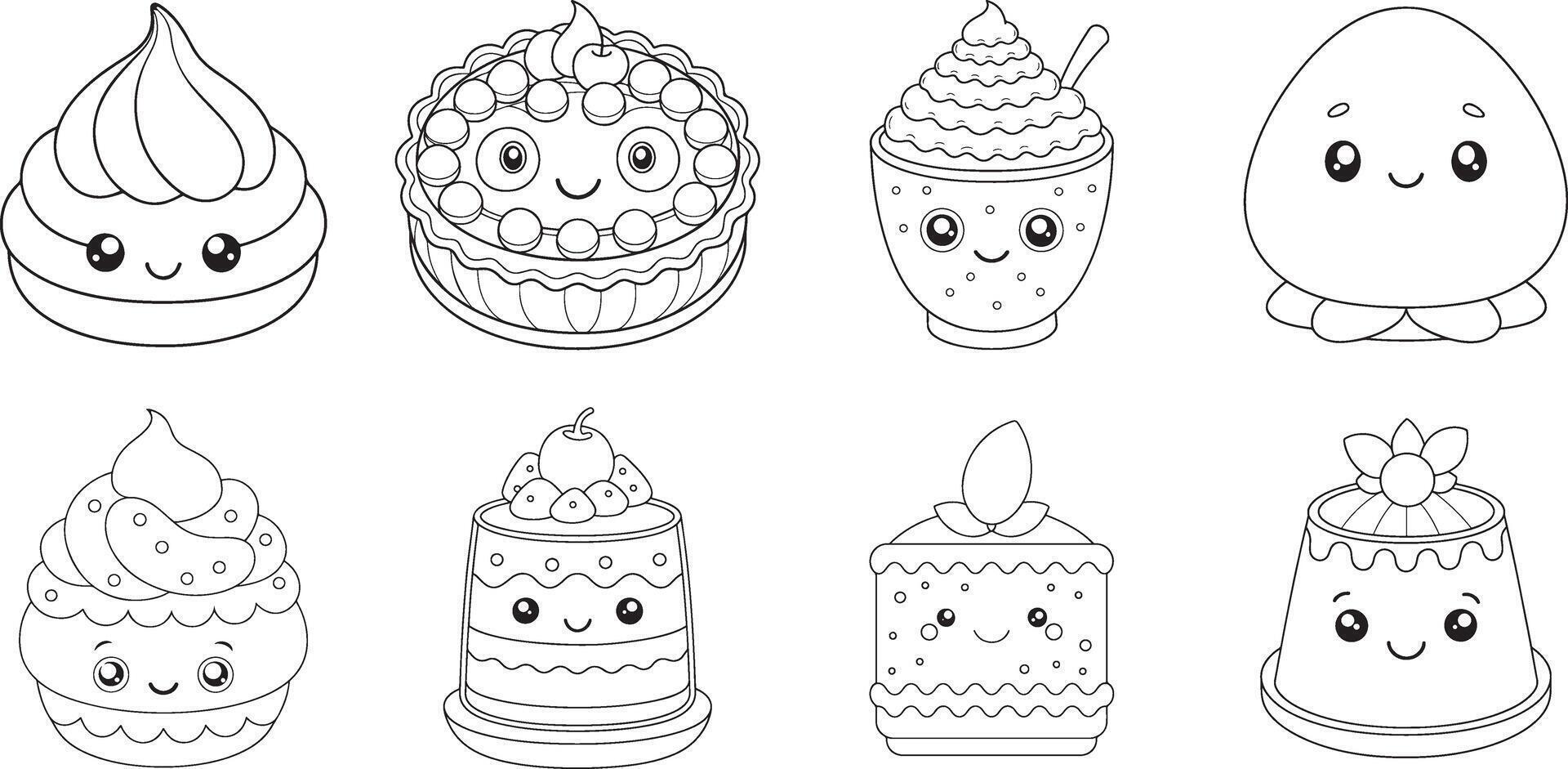 Adorable kawaii desserts, a delightful collection of cute pastries and treats with happy faces, perfect for coloring pages or sweet designs. vector
