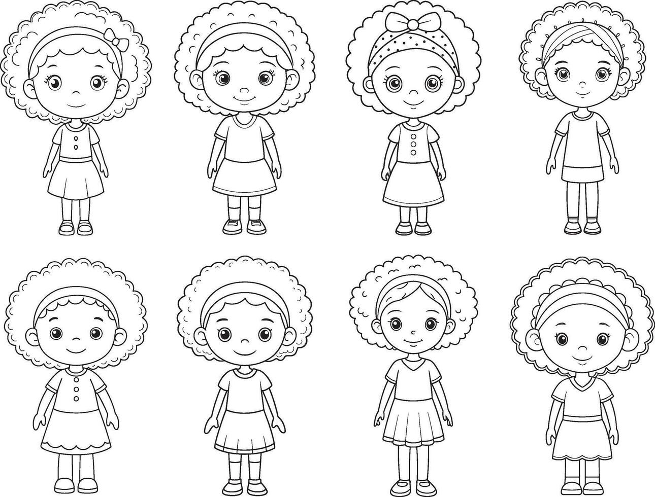 adorable Black girls with curly hair, each uniquely styled in simple dresses and headbands, ready for coloring, showcasing diverse beauty in a charming line art style. vector