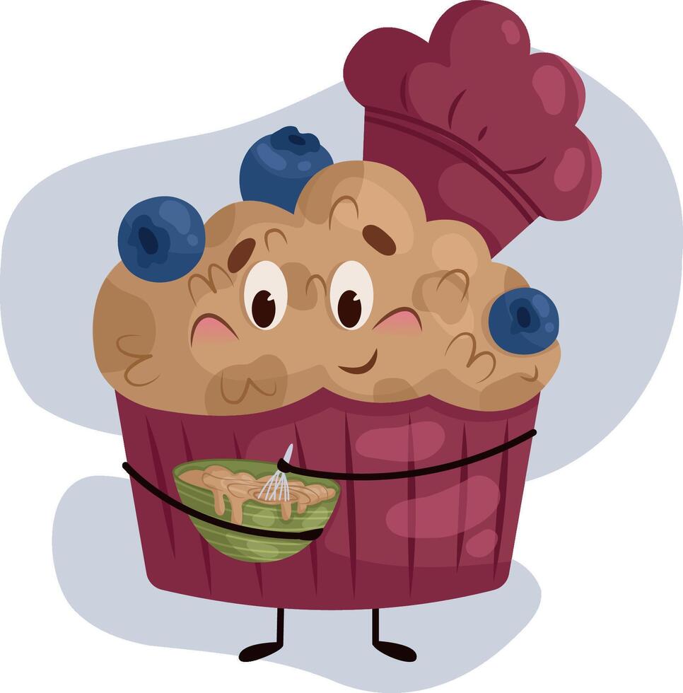 Blueberry cupcake chef kneading dough. Character design vector