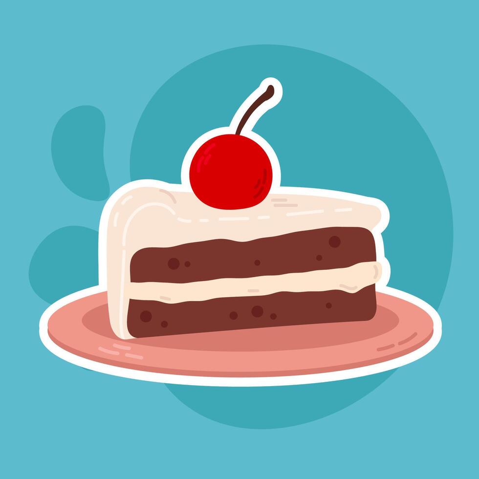 Hand-drawn cartoon sticker of a chocolate cake slice with a cherry on top. Fun dessert illustration on a blue background. vector