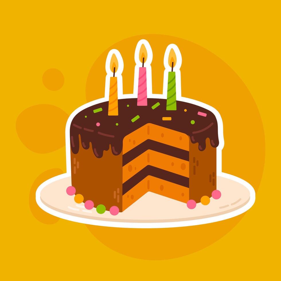 A cute cartoon-style chocolate birthday cake with three lit candles, decorated with sprinkles and a delicious dripping glaze. Ideal for party designs, stickers, and bakery branding vector