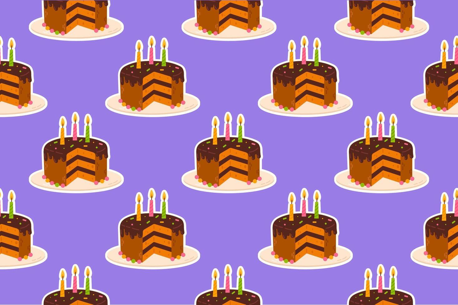 A seamless pattern featuring a cute cartoon chocolate birthday cake with lit candles. Perfect for wrapping paper, fabric prints, wallpapers, and party decorations. vector