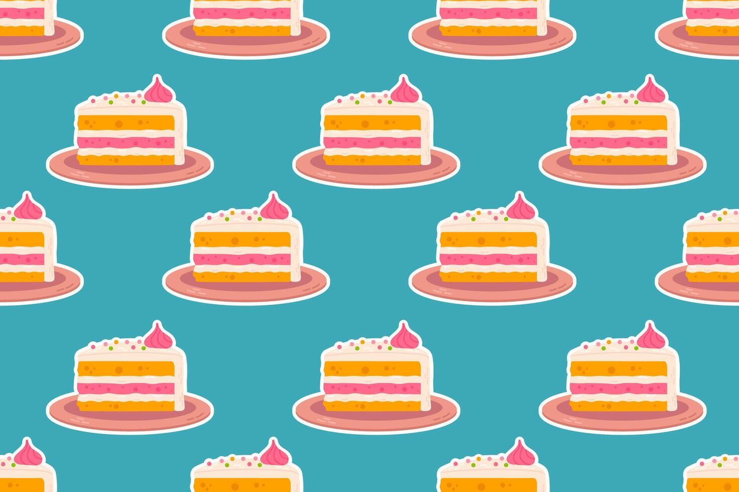 A seamless pattern featuring cute cartoon-style cake slices with cream and sprinkles. Perfect for wrapping paper, fabric prints, wallpapers, and party decorations vector