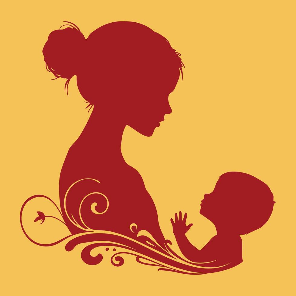 A Mother's Day Greeting Card Featuring Mother and Child Silhouette with Floral Accents vector