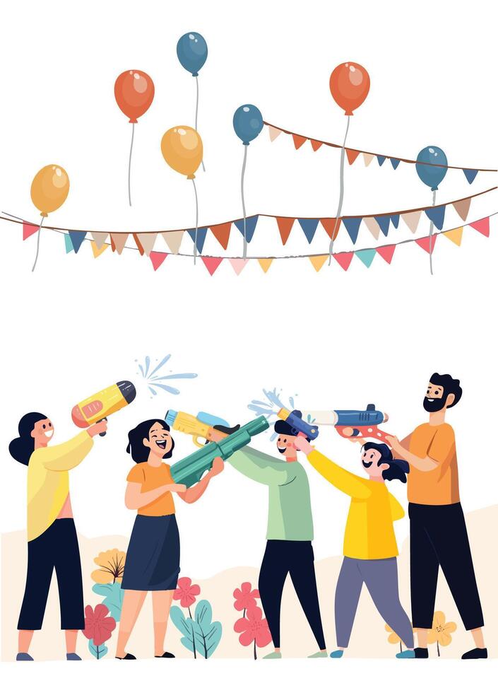 Family and friends playing water guns during Songkran vector