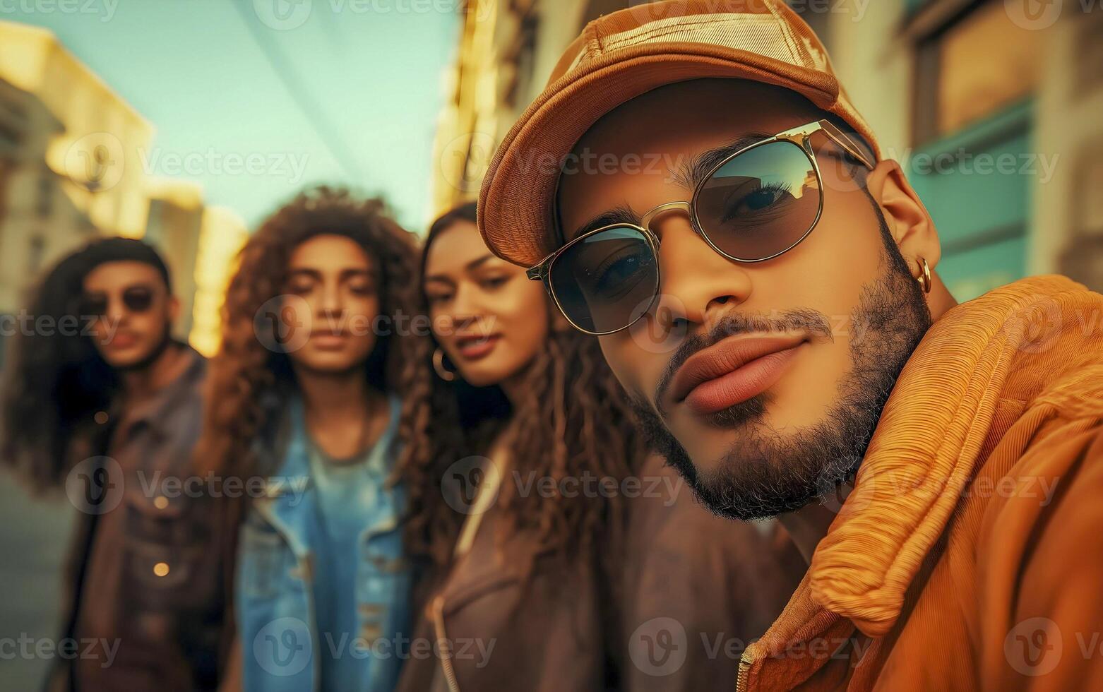 Multiracial friends taking big group selfie shot. between friends. photo