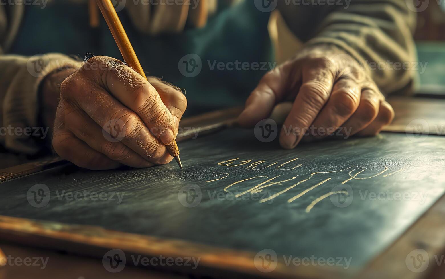 Hand writing on a chalkboard. Back to school concept. Senior teacher preparing classes. Class view. photo