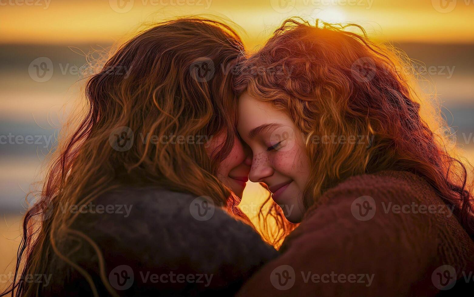 Lovely lesbian couple hugging at the beach. photo