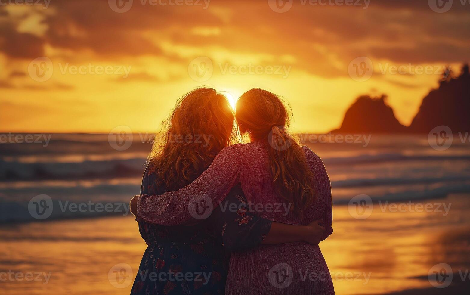 Lovely lesbian couple hugging at the beach with empty space. photo