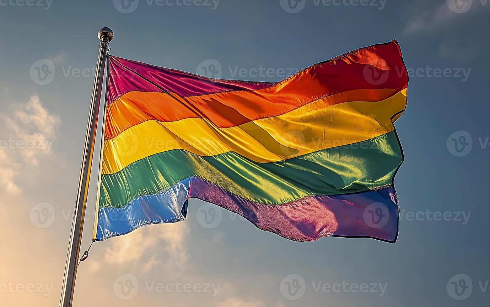 LGBT Pride rainbow flag over blue sky background with empty space for text. Diversity, love, freedom and LGBT concept. photo