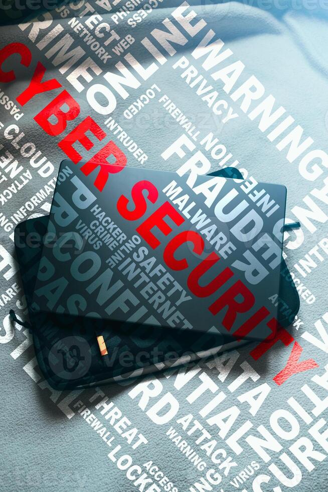 Top view of laptop with system hacked alert hologram interface. Compromised information concept. Internet virus cyber security and cybercrime. photo