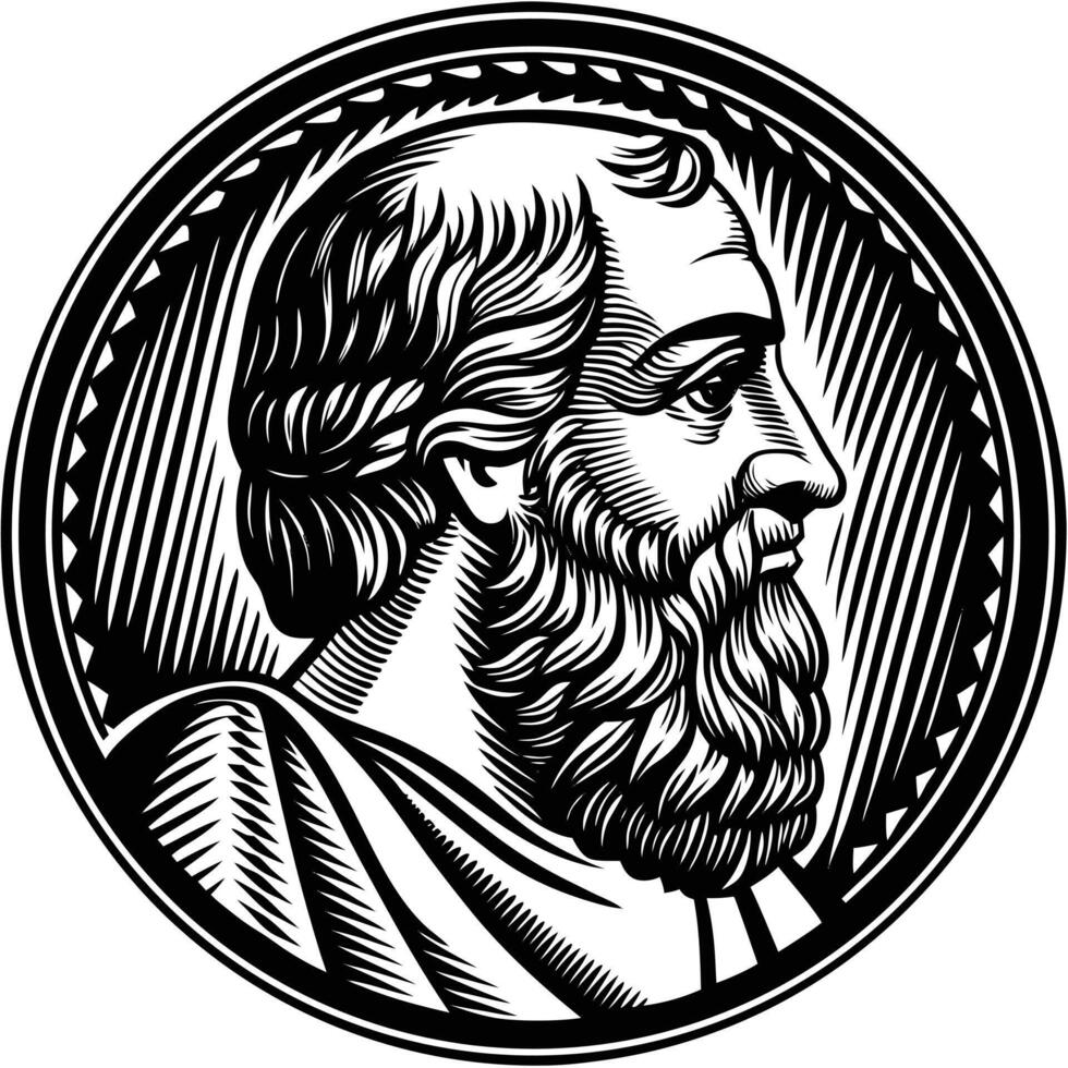 Classical Bearded Man Profile - Black and White Engraving Illustration vector