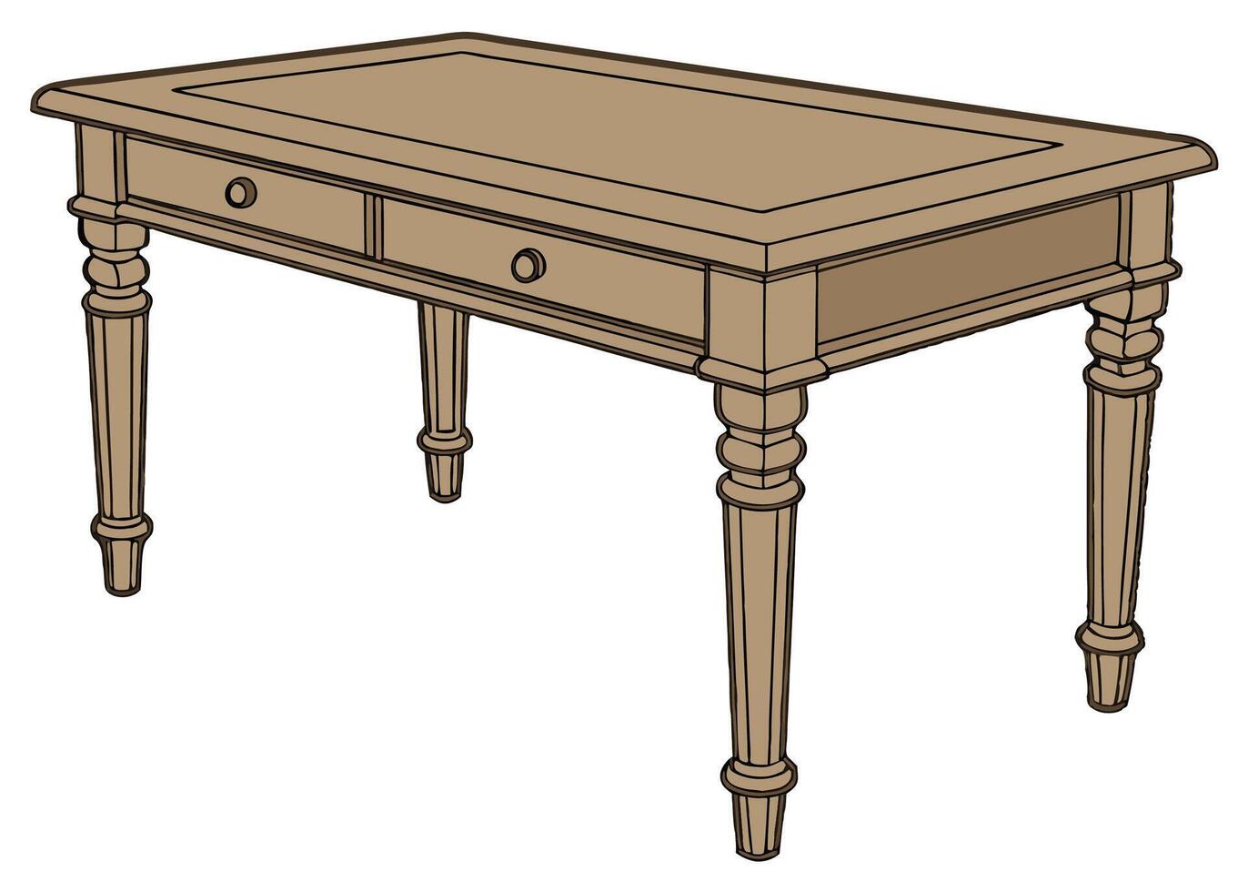 Classic Wooden Table with Drawers and Decorative Turned Legs vector