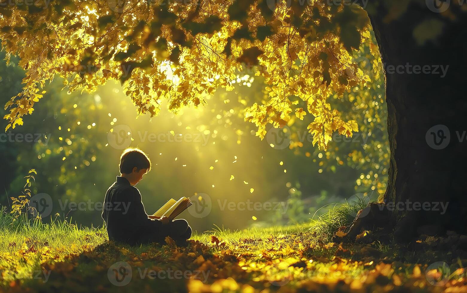 Kid reading a book in a beautiful park. photo