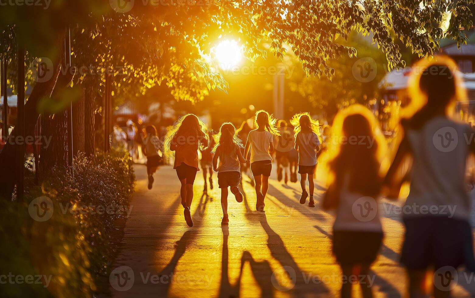Cheerful multiethnic kids playing running on blurred background in park. photo