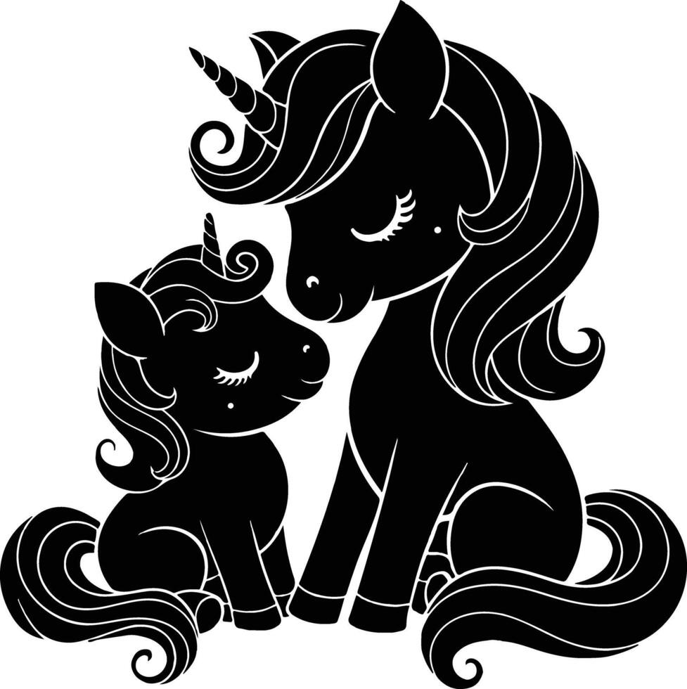 Cute Mother and Baby Unicorn Silhouette . vector