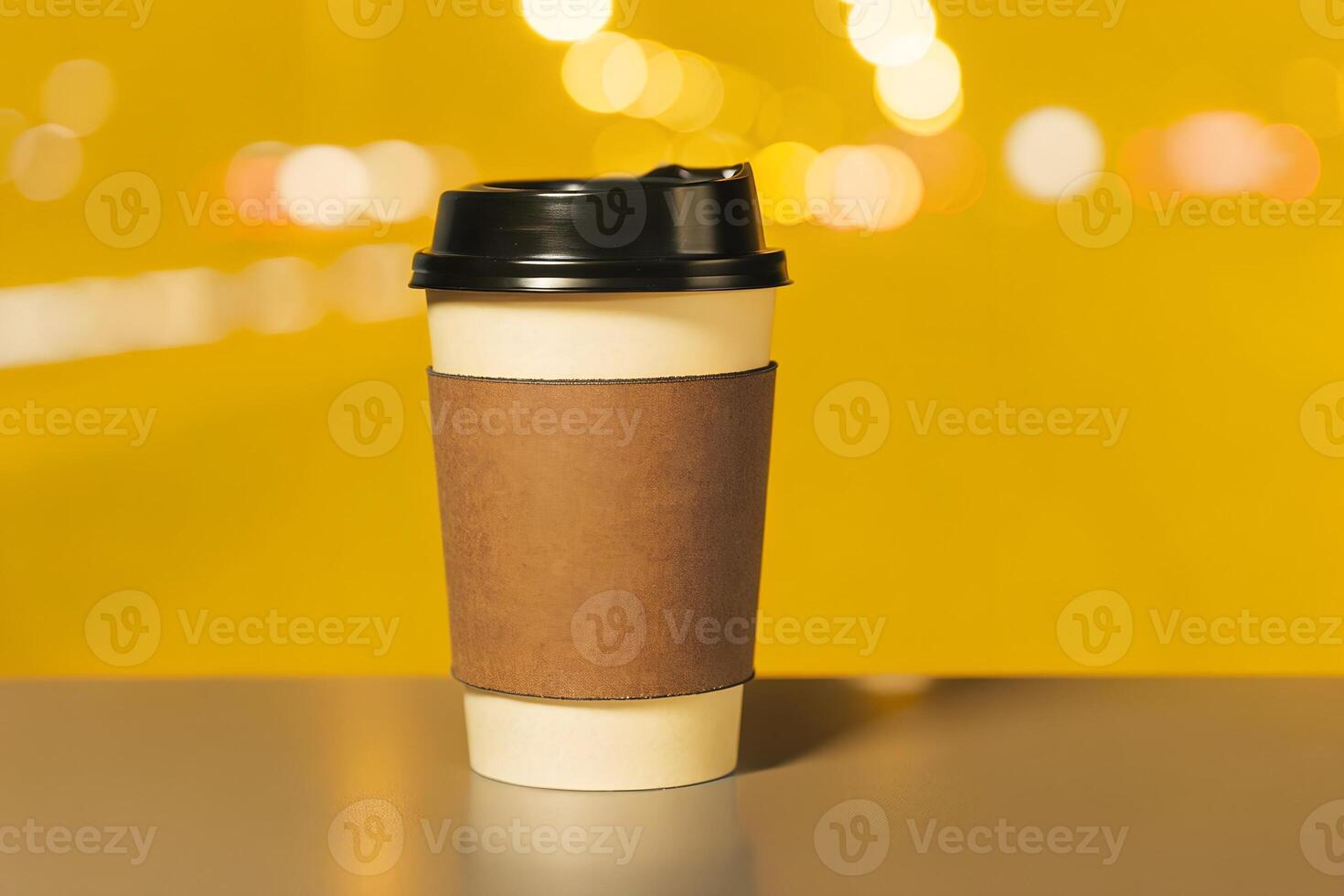 Paper Coffee Cup with Blank Sleeve and Black Lid. photo