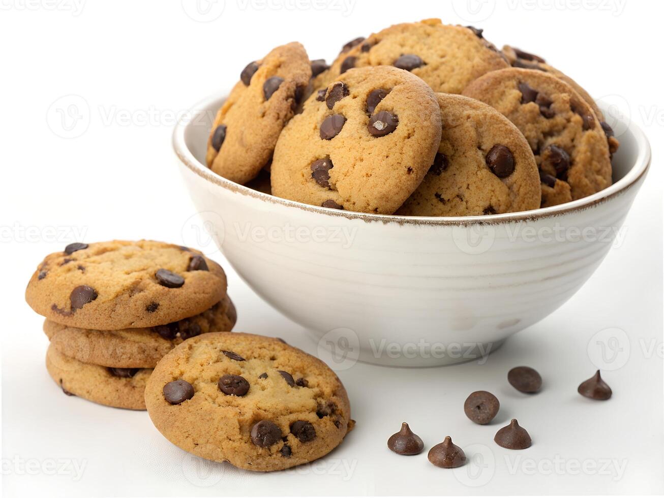 Delicious Chocolate Chip Cookies in a Bowl Isolated on White Background. photo