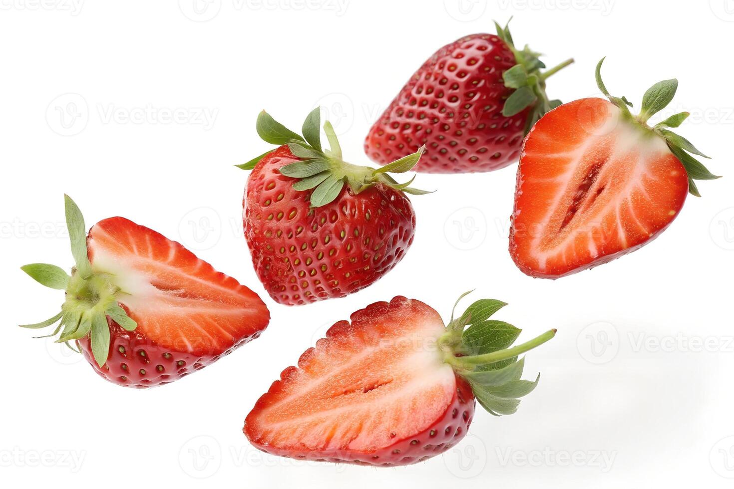 Multiple Strawberries in Motion Isolated on White photo