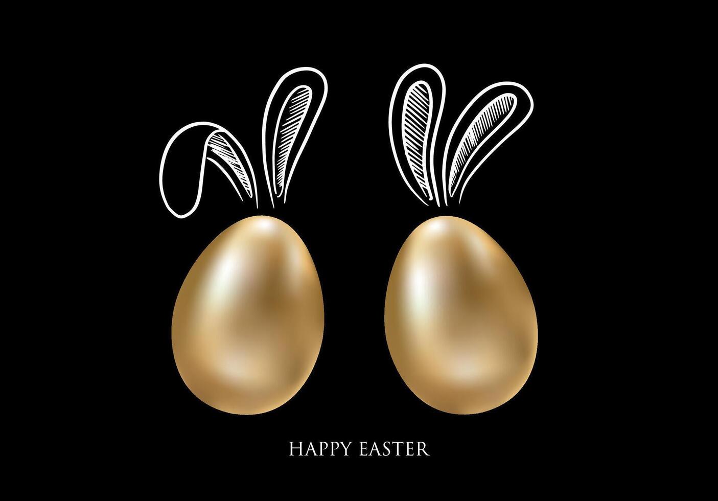 Set of rabbits's ears with Gold eggs, Happy Easter. Hand drawn illustration. vector