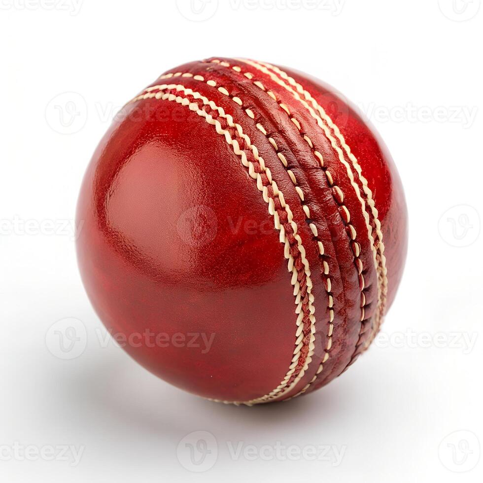 Red Kookaburra Cricket Ball Fully Round and Shiny Isolated on White Background. photo