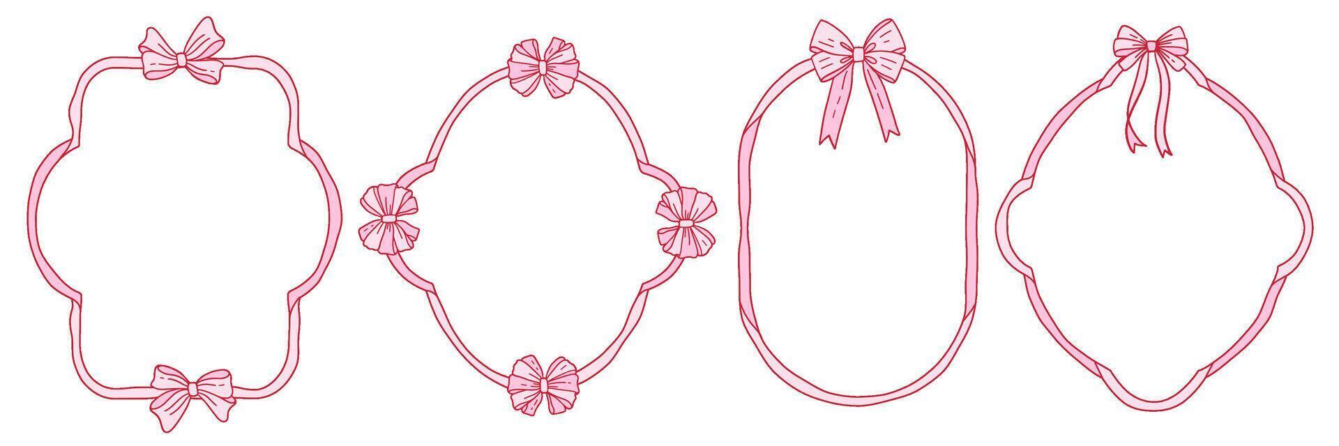 Coquettish ribbon bow frames set, Valentine girly frame kit, romantic pink border, vintage girly accessory. Feminine knot, wedding invitation design element, festive symmetric elegant decor. vector