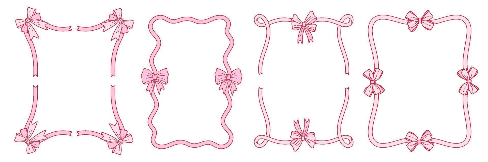 Frames set made of pink Ribbons with Bows. Coquette girly contour illustration. vector