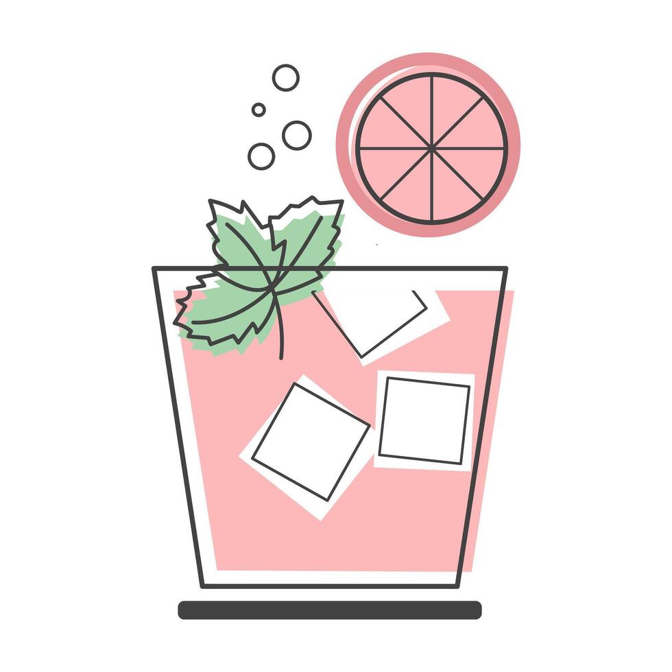 Refreshing cocktail with grapefruit, mint leaves and ice cubes. Summer drink. Illustration, icon. vector