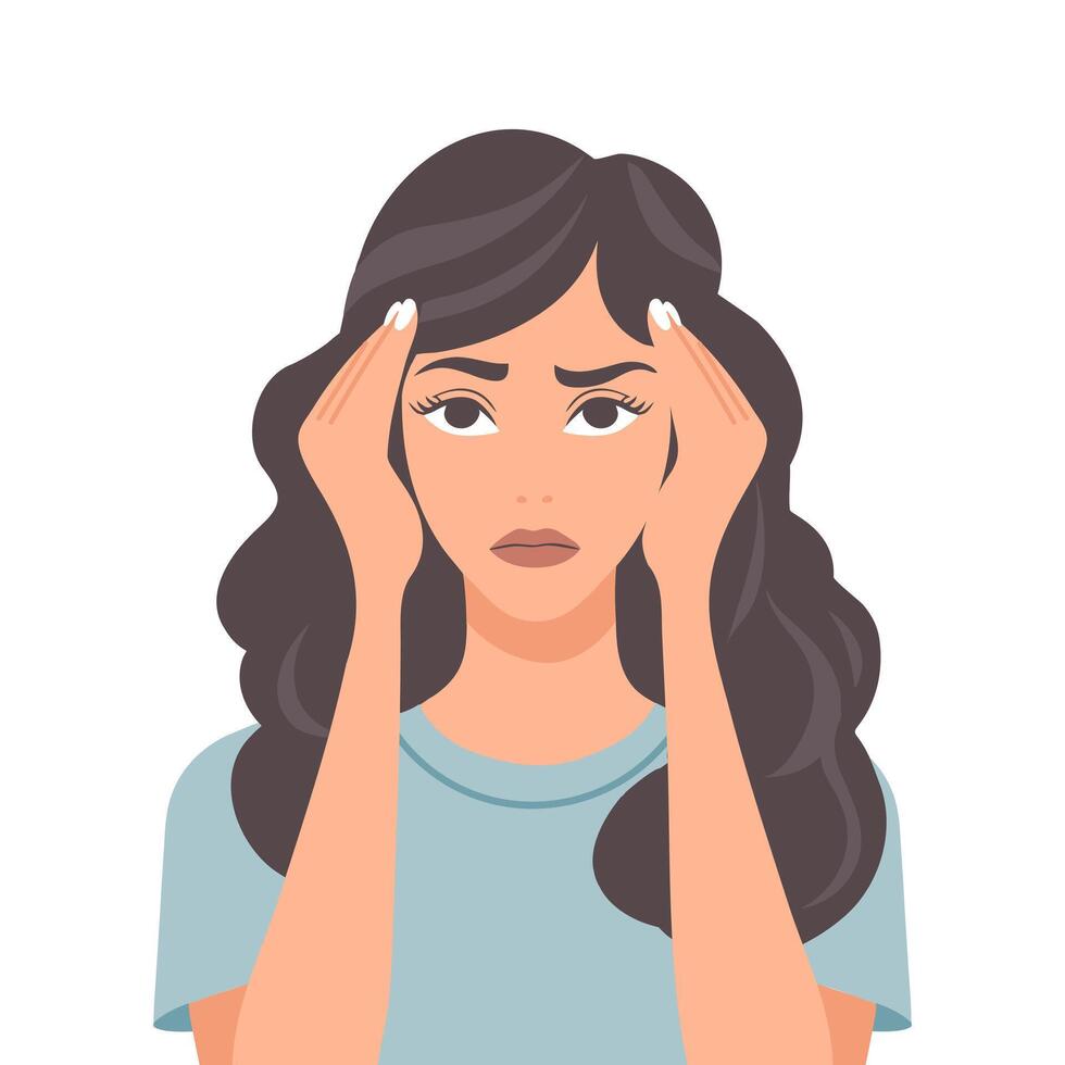 Young woman suffering from headache, migraine, stress. Flat style illustration vector