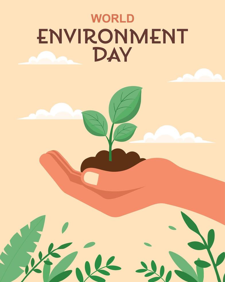 World Environment Day banner. Hand with a growing plant, environmental protection. Flat style illustration. vector