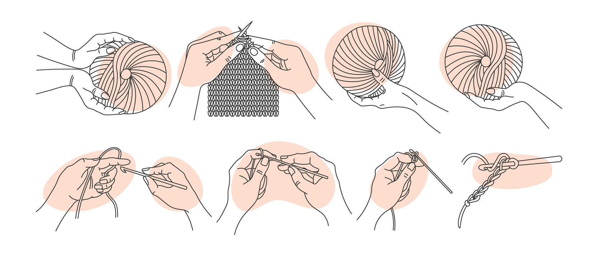 Set of contour illustrations Crochet and Knitting. Hands with skeins, hands with knitting needles and crochet. Hobby concept. Icons vector