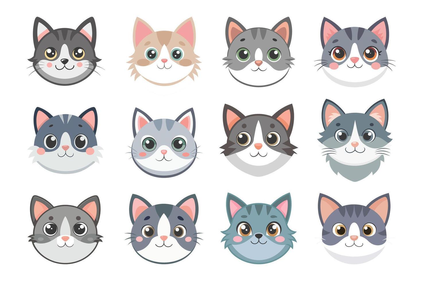 Big collection of adorable cat faces for designs and illustrations. Cute cats. Flat style illustration. vector