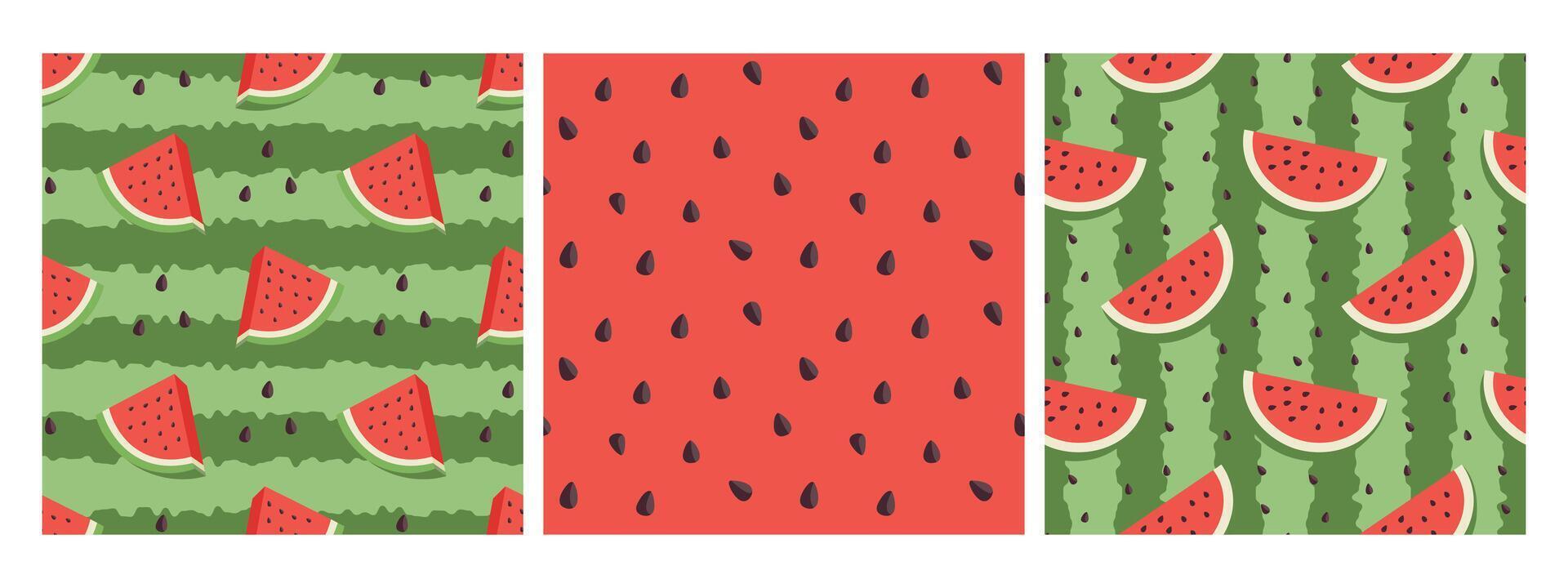 Set of seamless patterns with watermelons, watermelon slices, watermelon rinds and seeds. Green and fresh watermelon texture background. vector